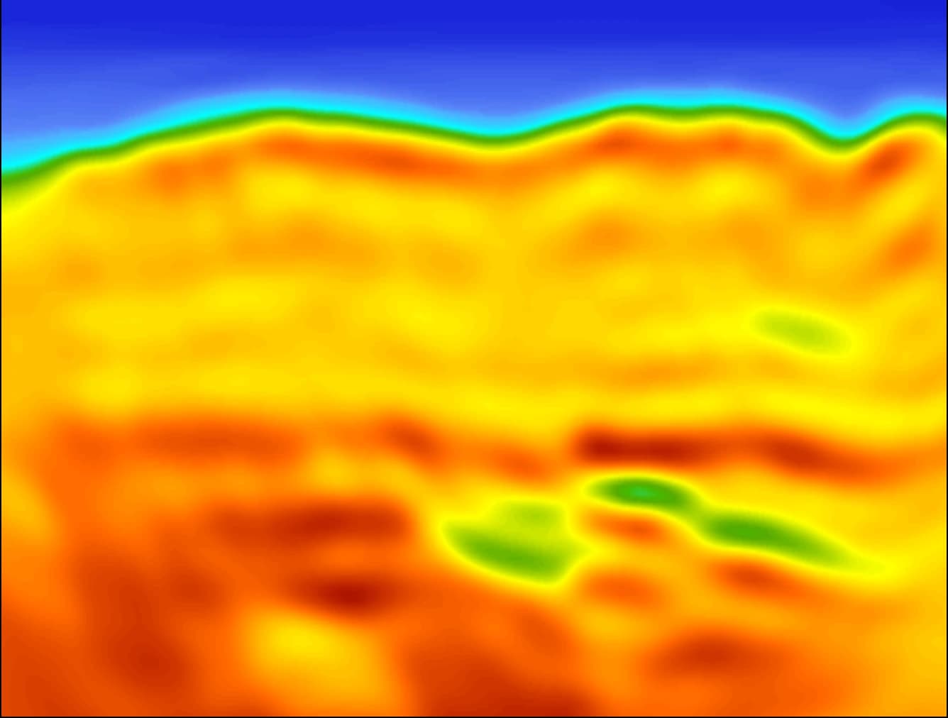 The same cross-line after acoustic FWI to 5 Hz, the salt body taking shape but the section still blocky
